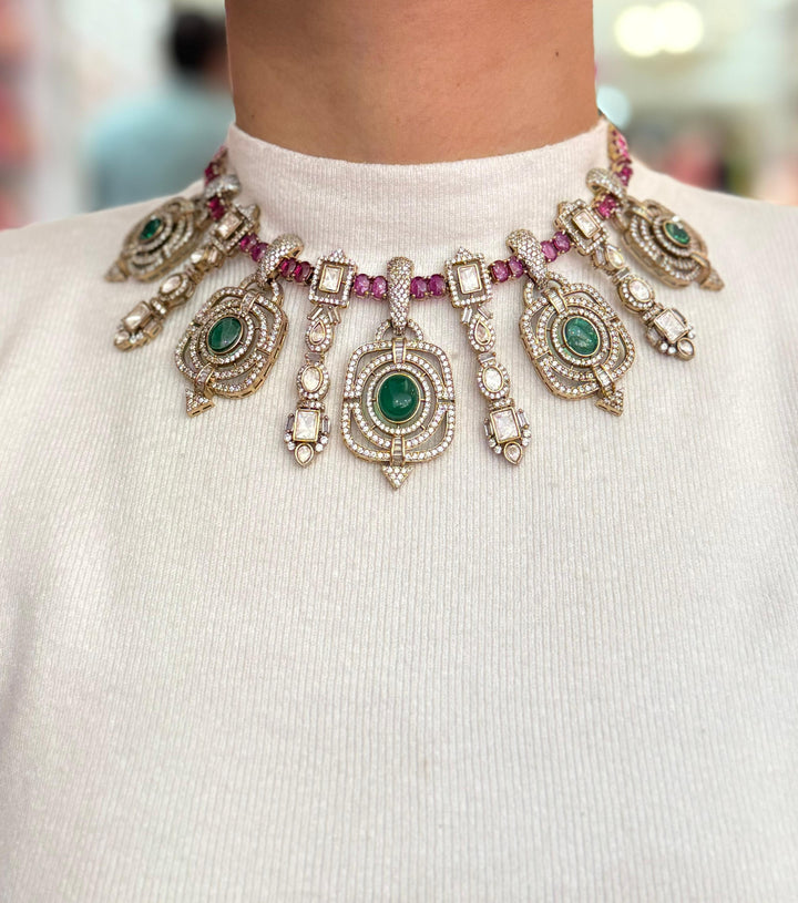 Regal Emerald and Ruby Polki Choker Necklace