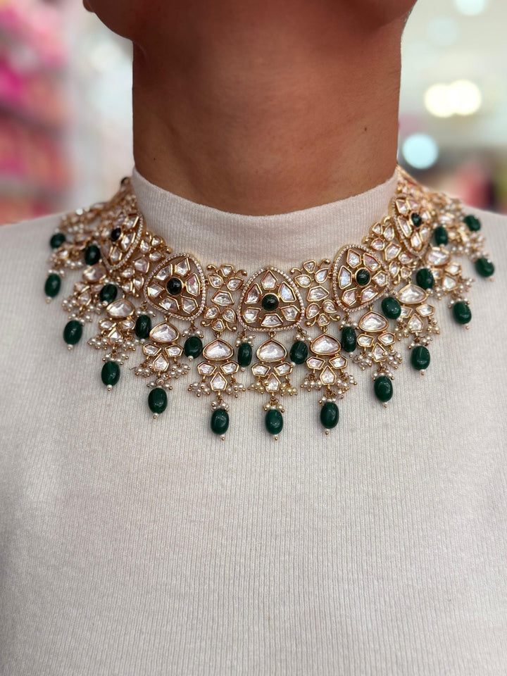 Royal Polki Kundan Choker Necklace with Emerald Green Beads