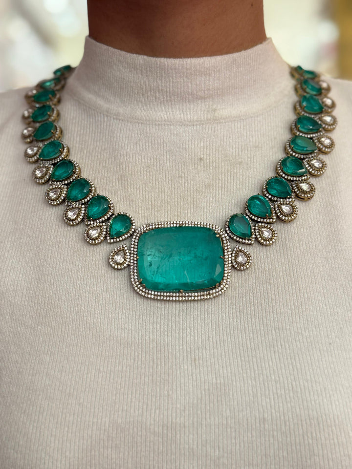 Majestic Emerald Statement Necklace with Diamond Accents