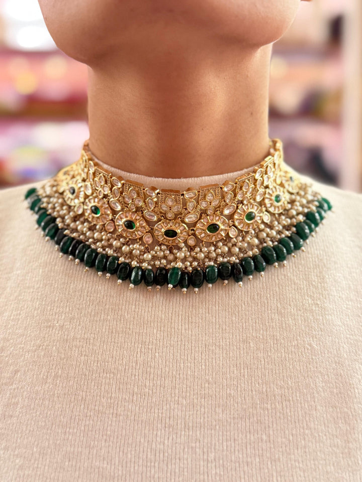 Regal Kundan & Emerald Choker Necklace Set with Layered Pearls