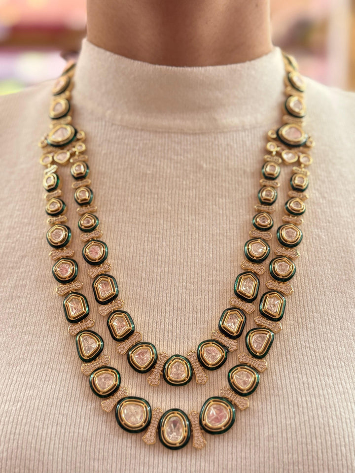 Royal Polki Kundan Necklace Set with Enamel Green Detailing & Matching Maang Tikka