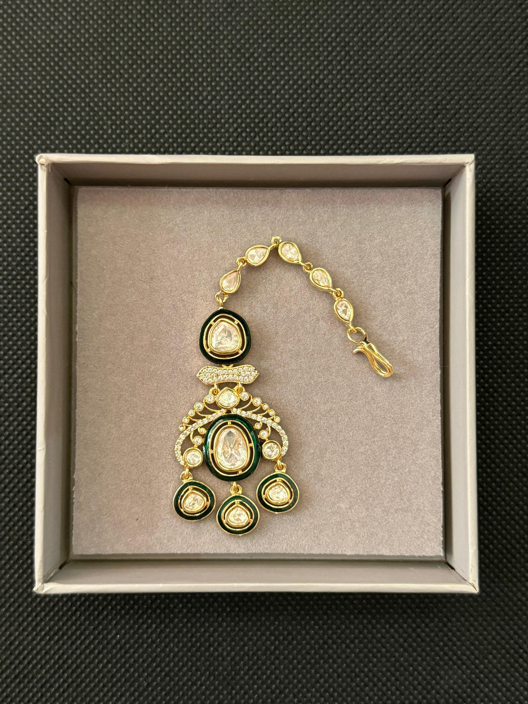 Royal Polki Kundan Necklace Set with Enamel Green Detailing & Matching Maang Tikka