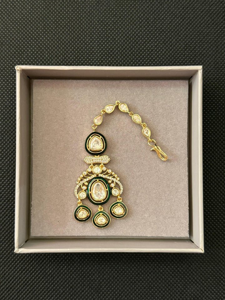 Royal Polki Kundan Necklace Set with Enamel Green Detailing & Matching Maang Tikka