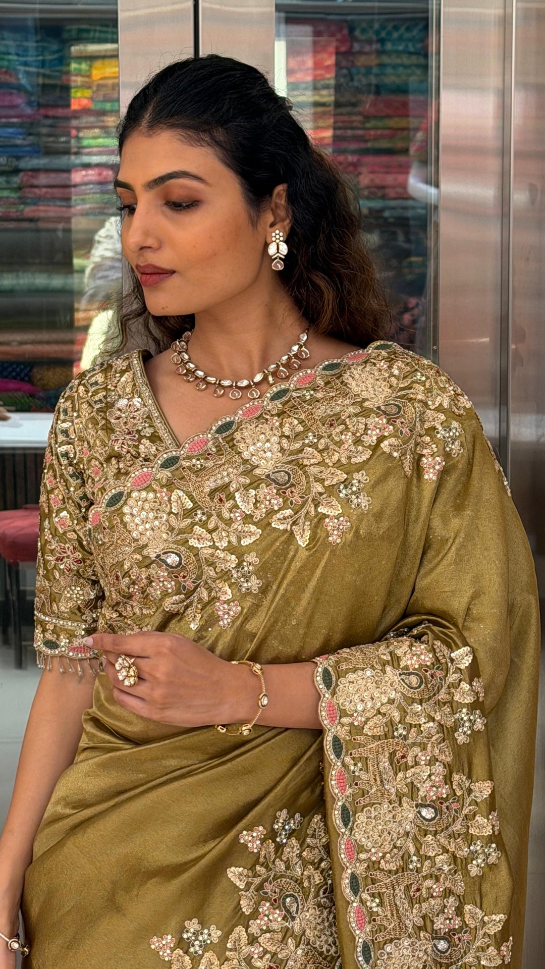 Olive Gold Heritage Embroidered Designer Saree