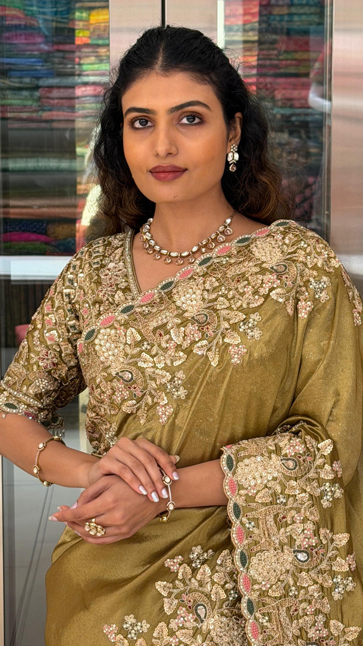 Olive Gold Heritage Embroidered Designer Saree