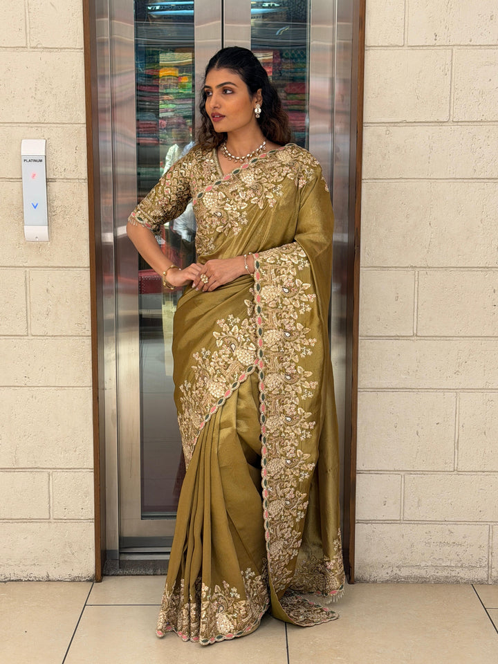 Olive Gold Heritage Embroidered Designer Saree
