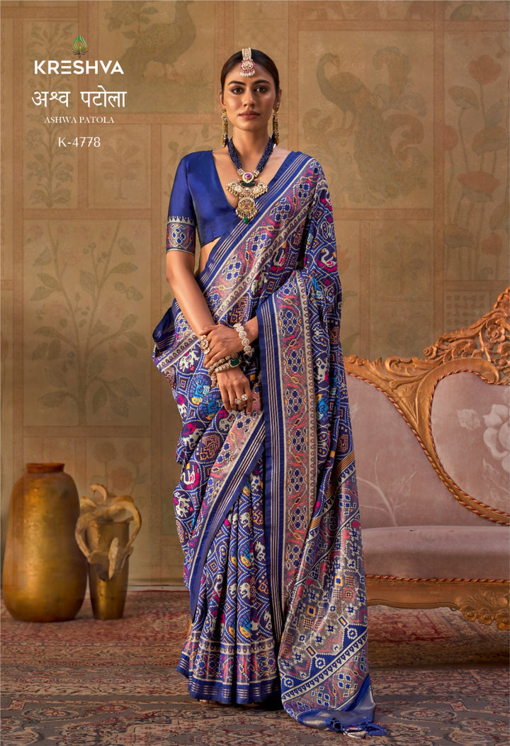 Premium Patola Silk Saree with Traditional Geometric Ikat Weaving & Contrast Blouse