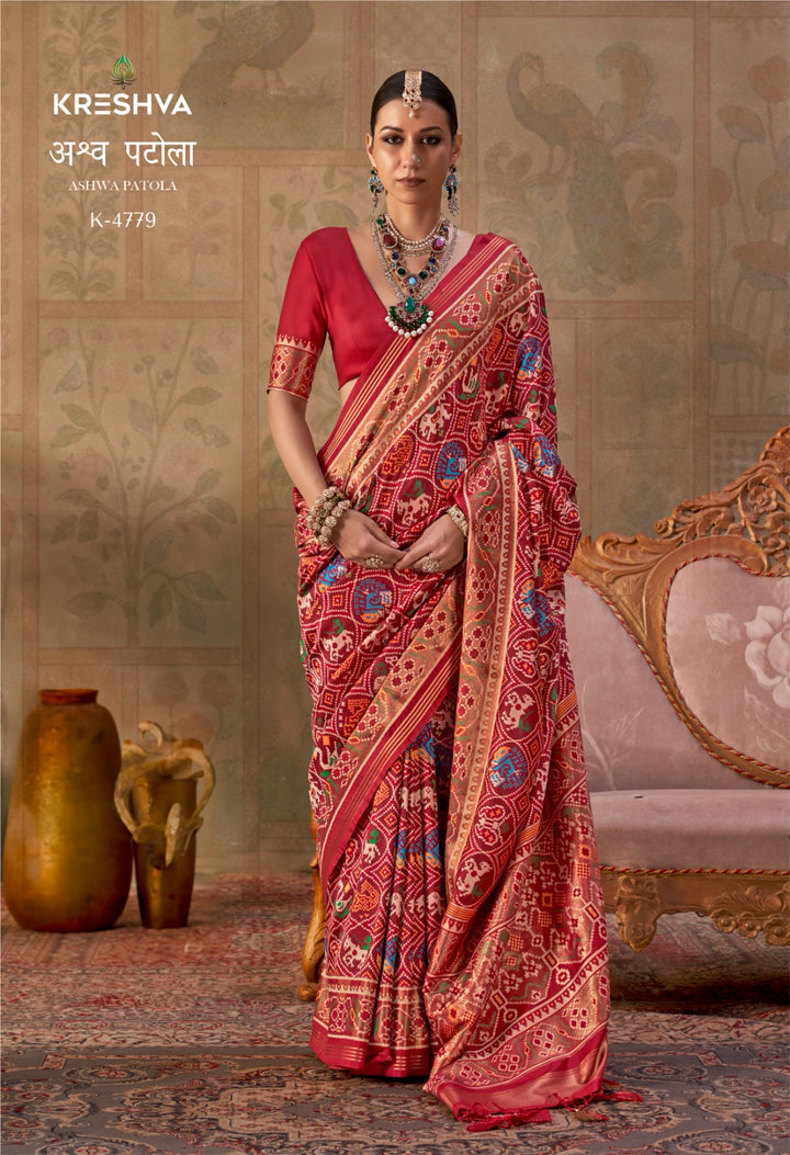 Premium Patola Silk Saree with Traditional Geometric Ikat Weaving & Contrast Blouse