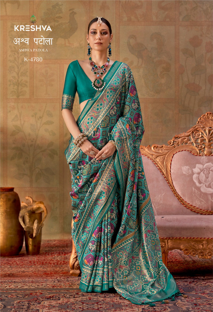 Premium Patola Silk Saree with Traditional Geometric Ikat Weaving & Contrast Blouse