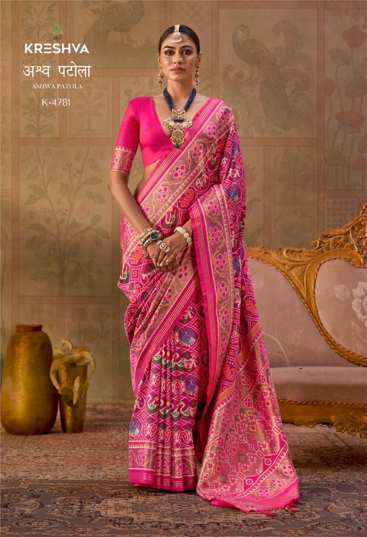 Premium Patola Silk Saree with Traditional Geometric Ikat Weaving & Contrast Blouse