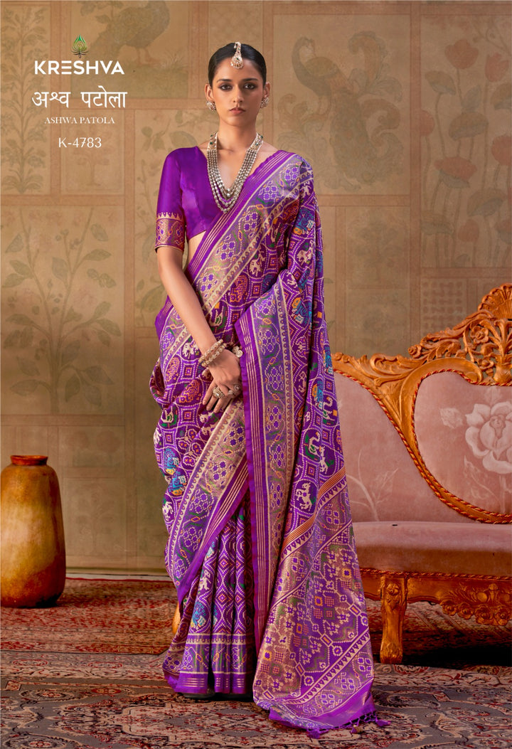 Premium Patola Silk Saree with Traditional Geometric Ikat Weaving & Contrast Blouse