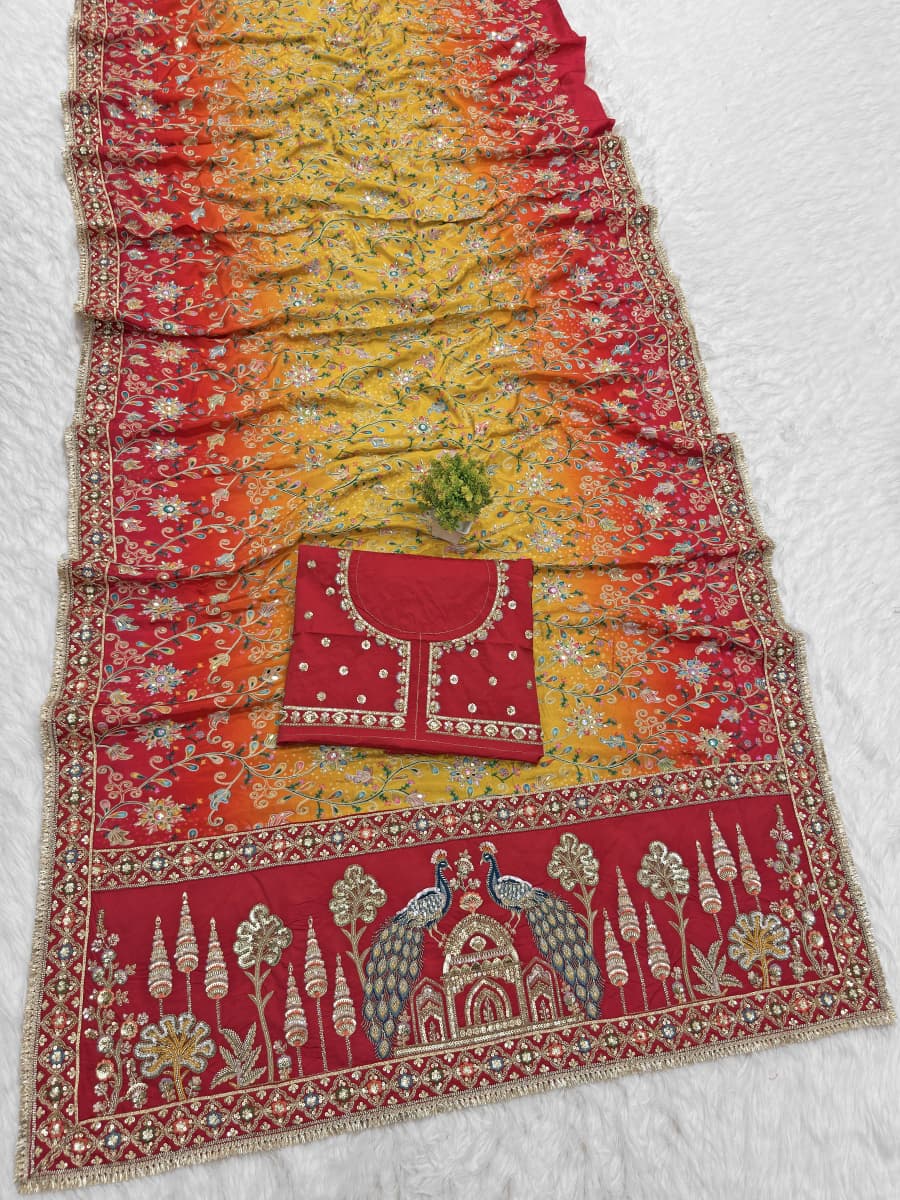 Multicolour Embroidered Designer Saree with Traditional Peacock Border