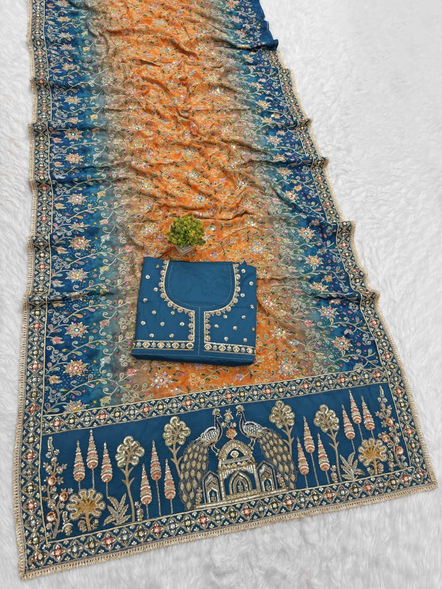 Multicolour Embroidered Designer Saree with Traditional Peacock Border