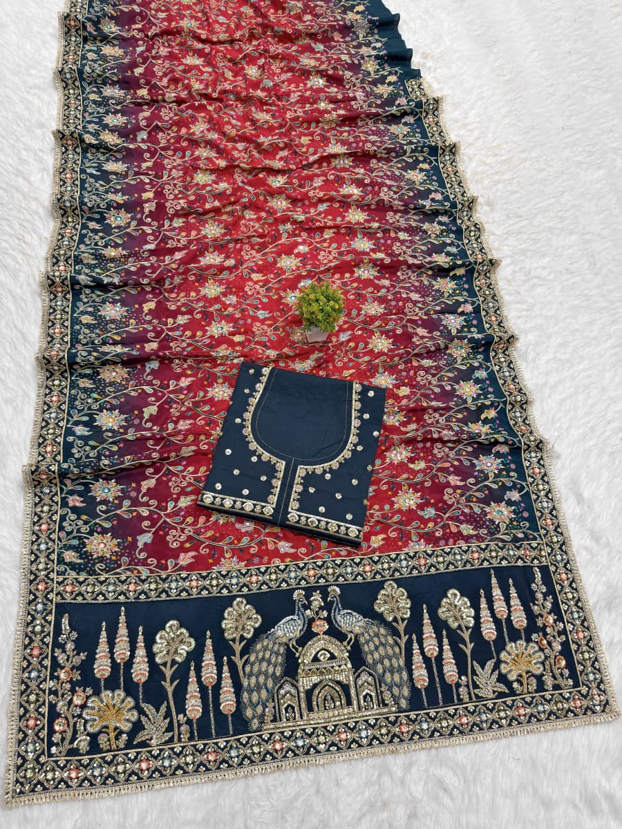 Multicolour Embroidered Designer Saree with Traditional Peacock Border