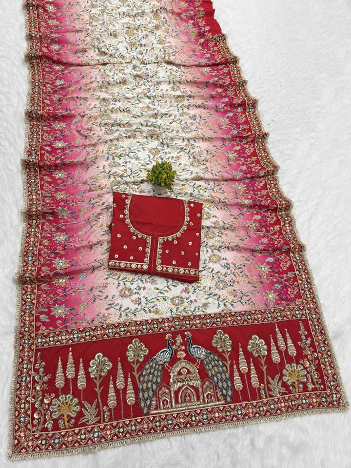 Multicolour Embroidered Designer Saree with Traditional Peacock Border