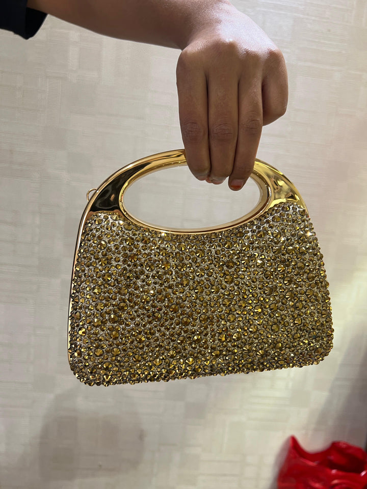 Golden Crystal Embellished Luxury Box Clutch Bag – Elegant Party Purse