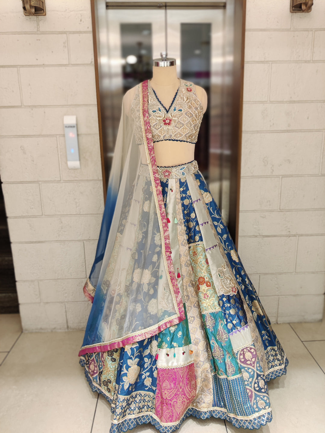 Ocean Ombre Patchwork Silk Lehenga with Embroidered Blouse & Dual-Tone Dupatta