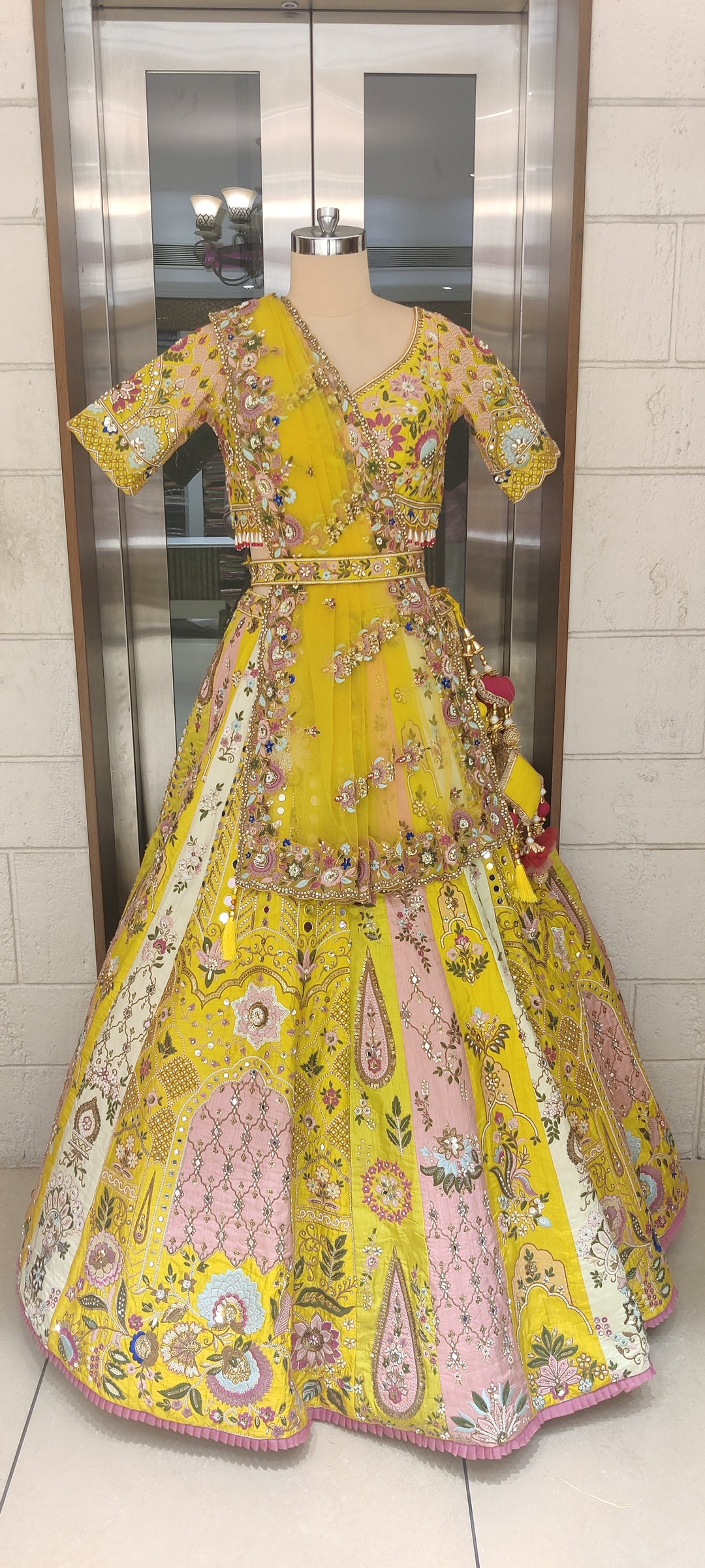 Sunlit Yellow & Blush Pink Hand-Embroidered Silk Lehenga with Mirror and Resham Work