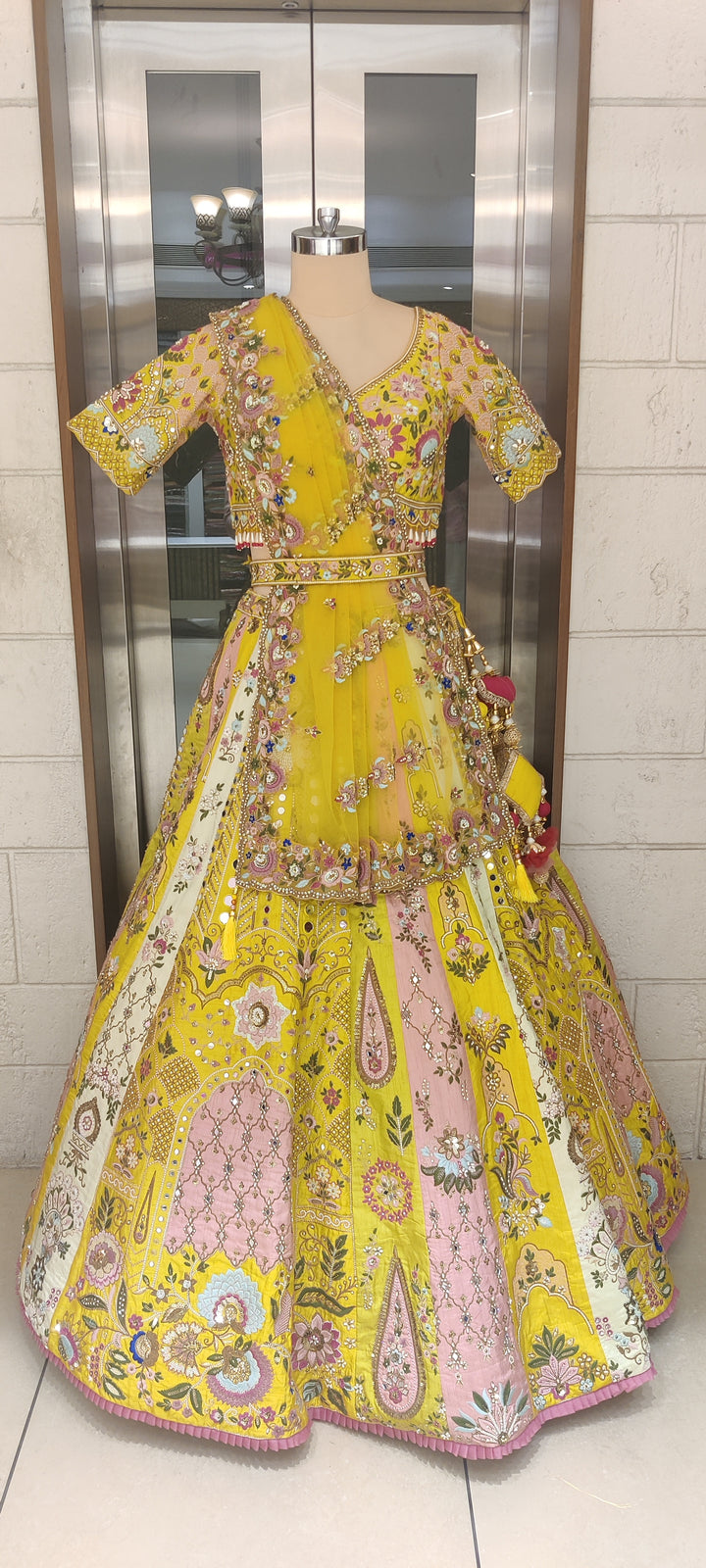 Sunlit Yellow & Blush Pink Hand-Embroidered Silk Lehenga with Mirror and Resham Work
