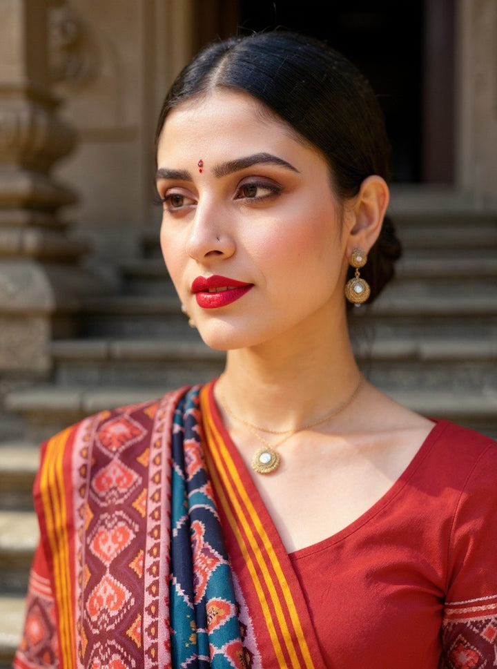 Teal Blue Patola Silk Saree with Reddish Embellished Border and Unstitched Blouse