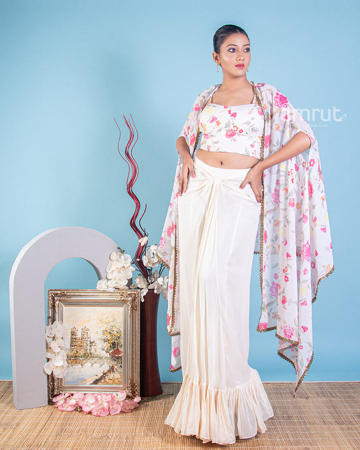 White Bodycon Blouse With a Dhoti Style Draped Skirt and Jacket