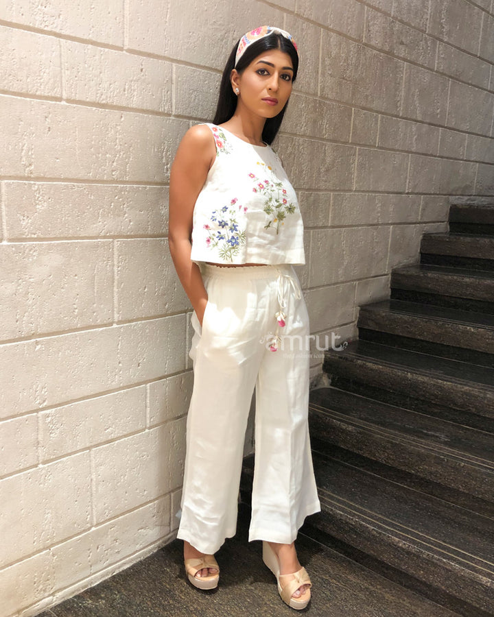 White Cotton Silk Crop Top Pant Style Co-ord Set