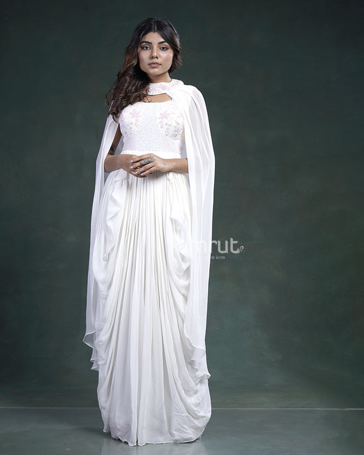 White Embroidered  Pleated Gown With Choker Dupatta