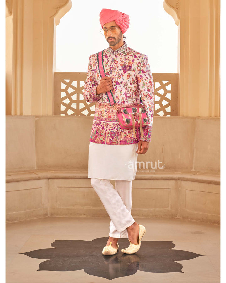 White Floral Printed Anarkali Dress and Men Kurta Set with Coat