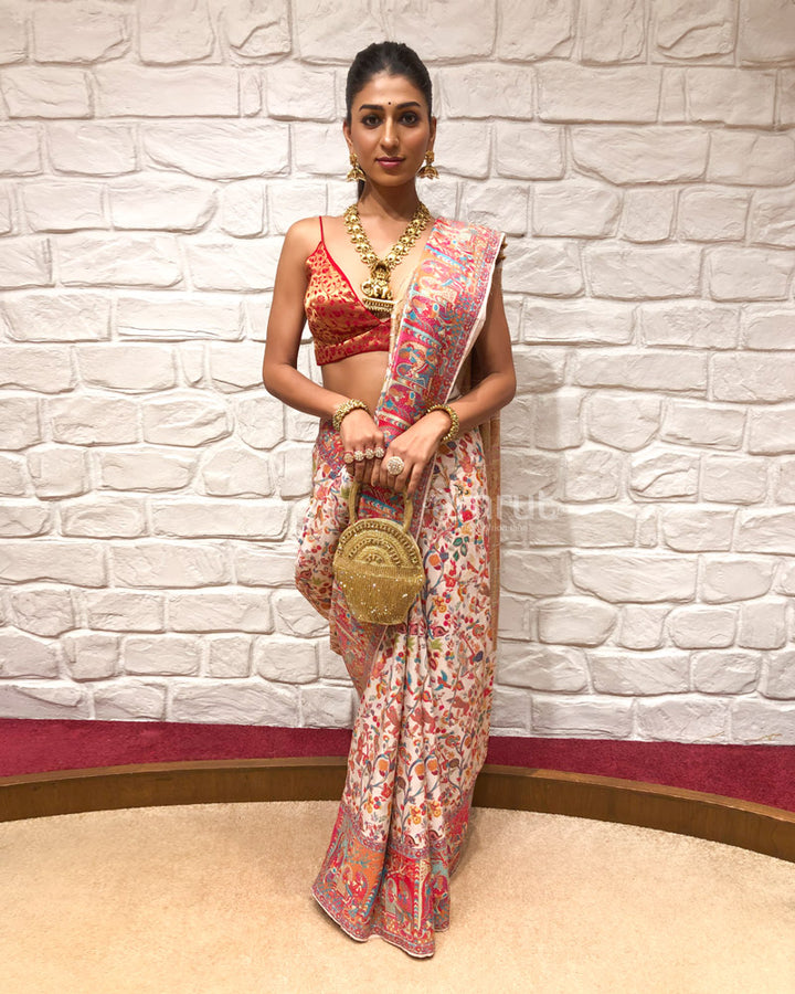 White Floral Printed Silk Saree With Unstitched Blouse