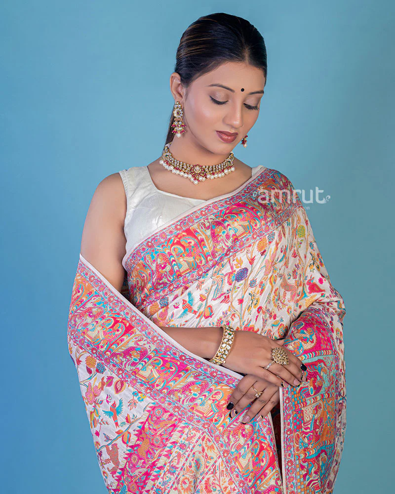 White Floral Printed Silk Saree With Unstitched Blouse