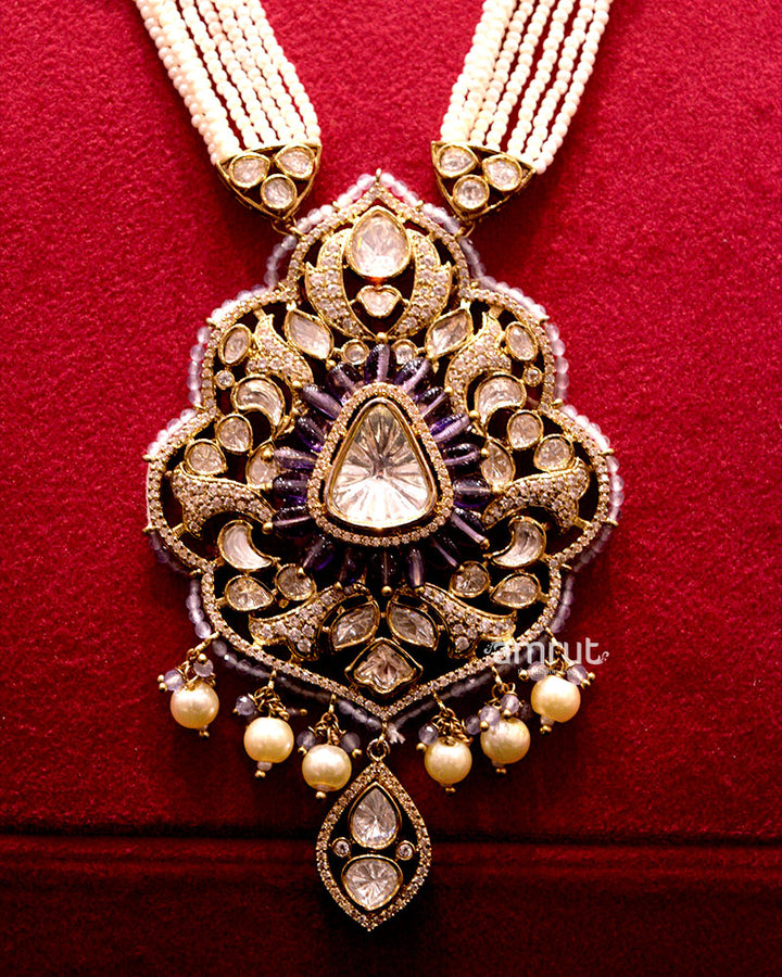 White Gold-plated Kundan-studded Necklace & Earrings