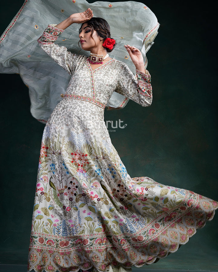 White Gown With Multicolor Floral Brocade Weave
