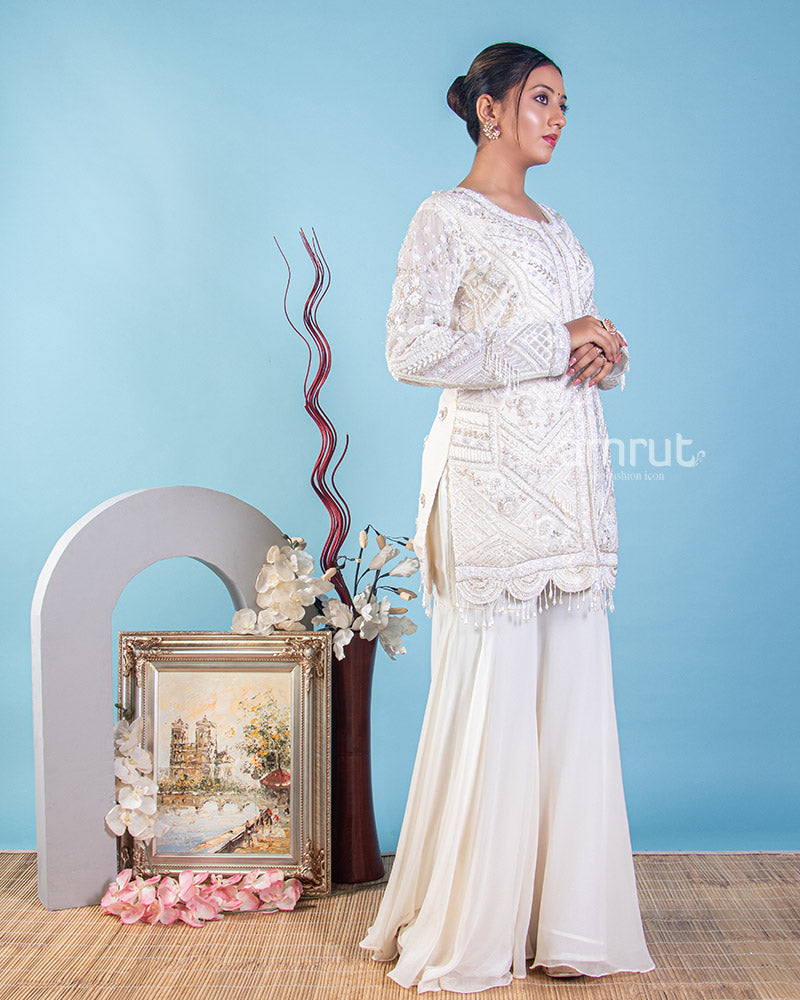 White Hand Embroidered Gharara Set in Georgette