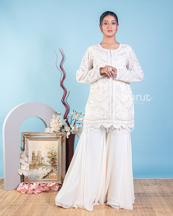 White Hand Embroidered Gharara Set in Georgette
