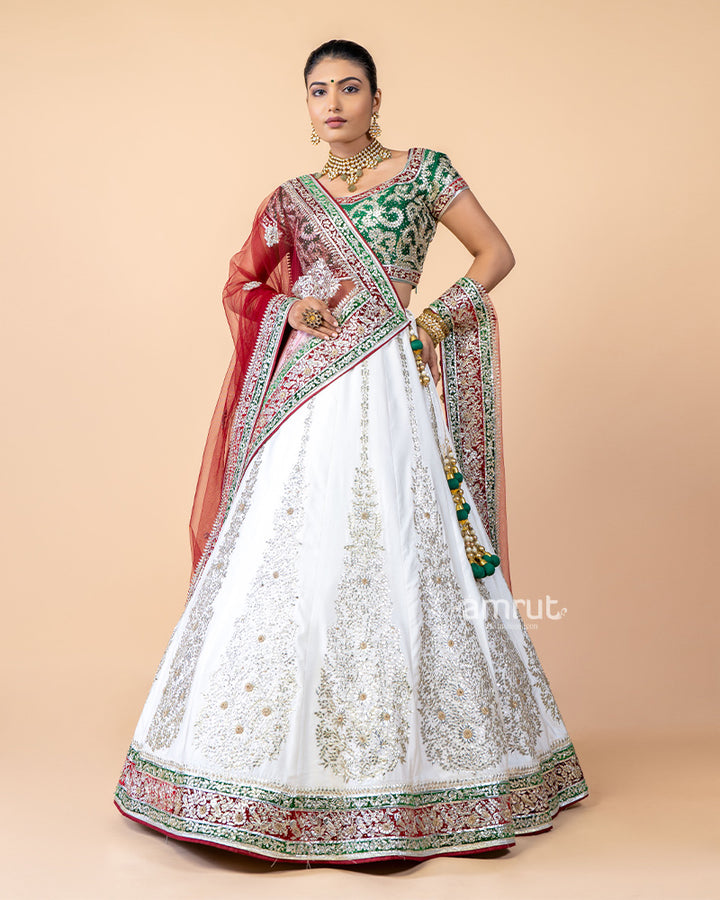 White Hand Work Embroidered Kali Style Bridal Lehenga Choli With Dupatta