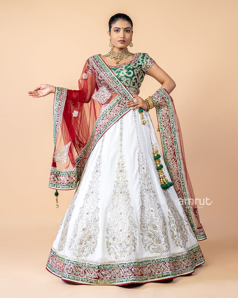 White Hand Work Embroidered Kali Style Bridal Lehenga Choli With Dupatta