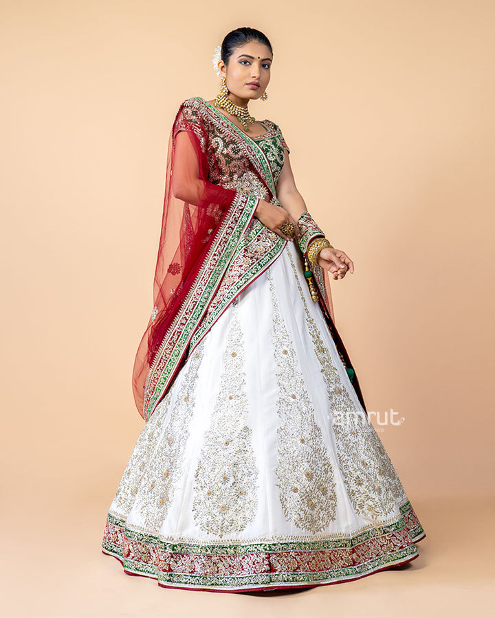 White Hand Work Embroidered Kali Style Bridal Lehenga Choli With Dupatta