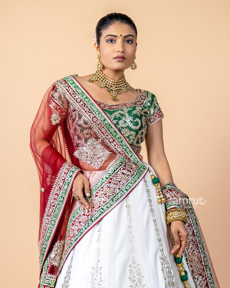 White Hand Work Embroidered Kali Style Bridal Lehenga Choli With Dupatta