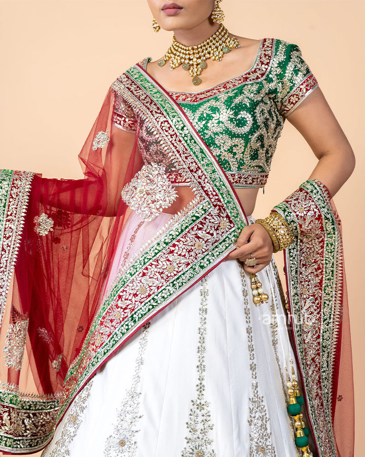 White Hand Work Embroidered Kali Style Bridal Lehenga Choli With Dupatta