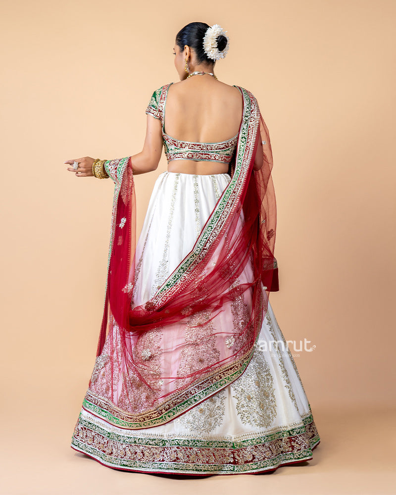 White Hand Work Embroidered Kali Style Bridal Lehenga Choli With Dupatta