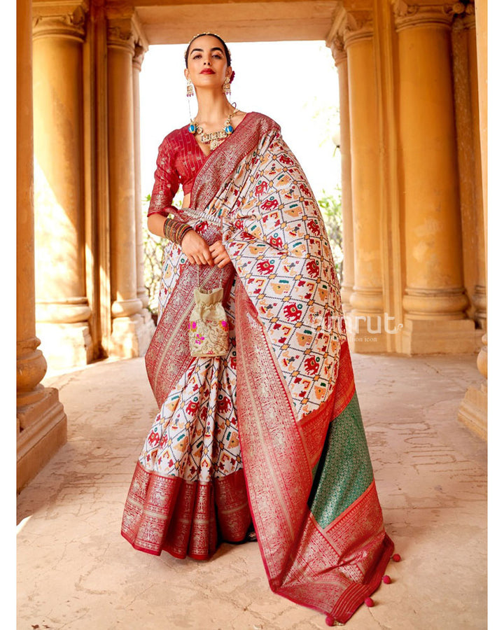 White Ikkat Cotton Silk Saree in Red Wide Zari Border With Unstitched Blouse