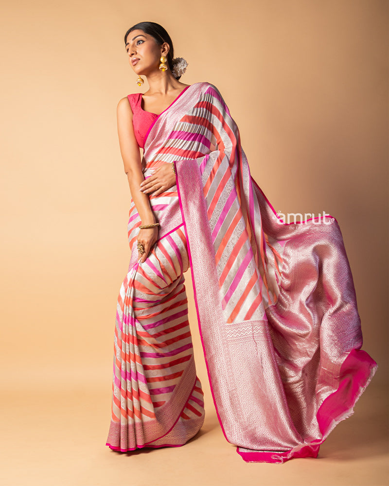 White Leheriya Printed Silk Saree With Unstitched Blouse