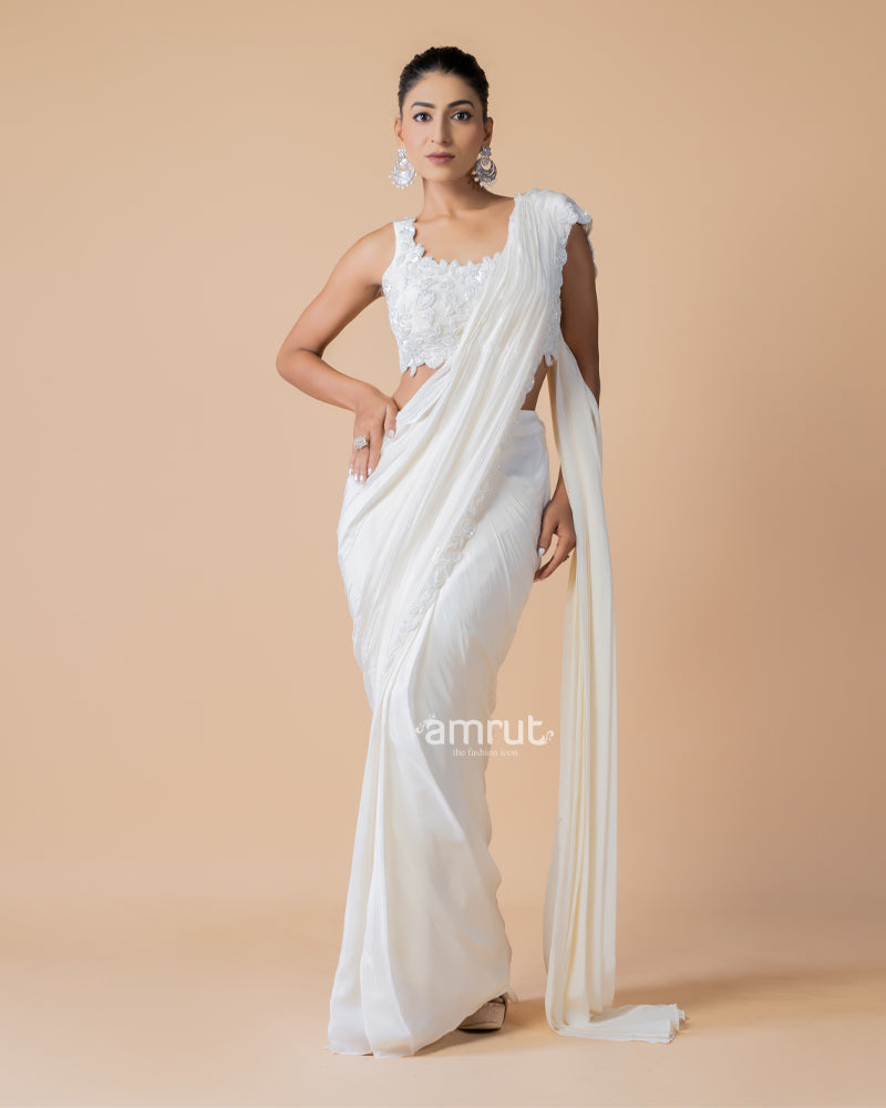 White Moti Embroidered Ready to Wear Saree With Stitched Blouse