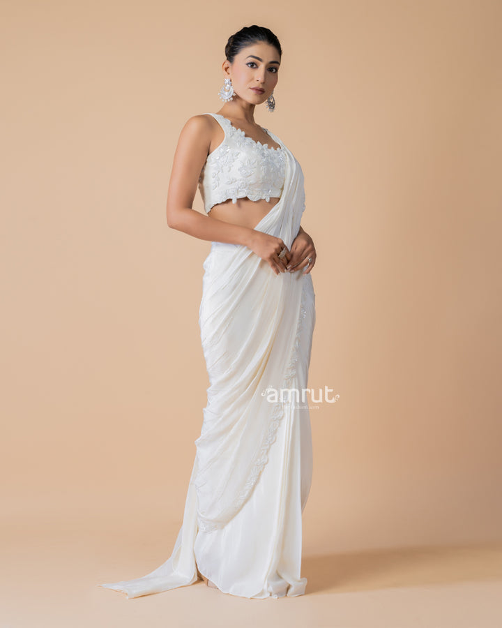 White Moti Embroidered Ready to Wear Saree With Stitched Blouse