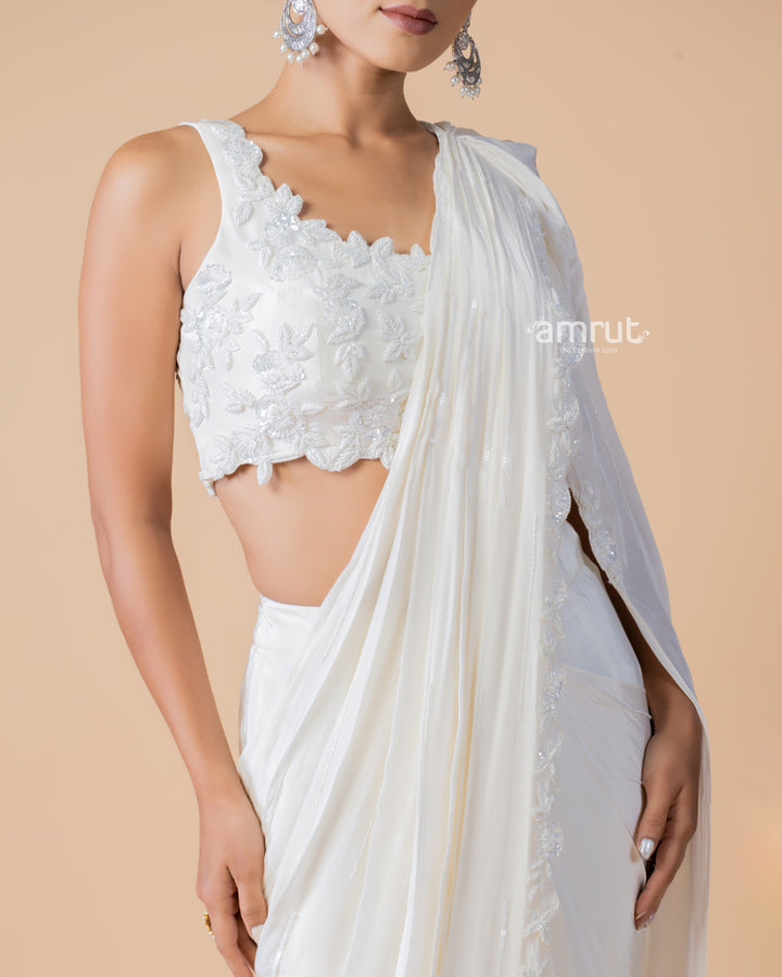 White Moti Embroidered Ready to Wear Saree With Stitched Blouse