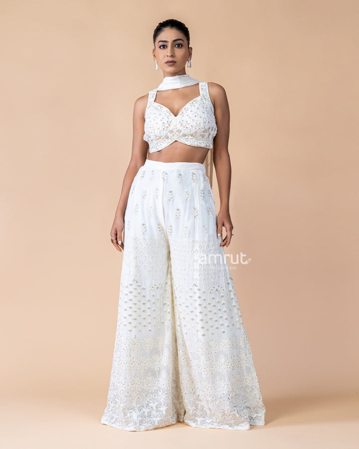 White Palazzo and Crop Top Set with Net Dupatta