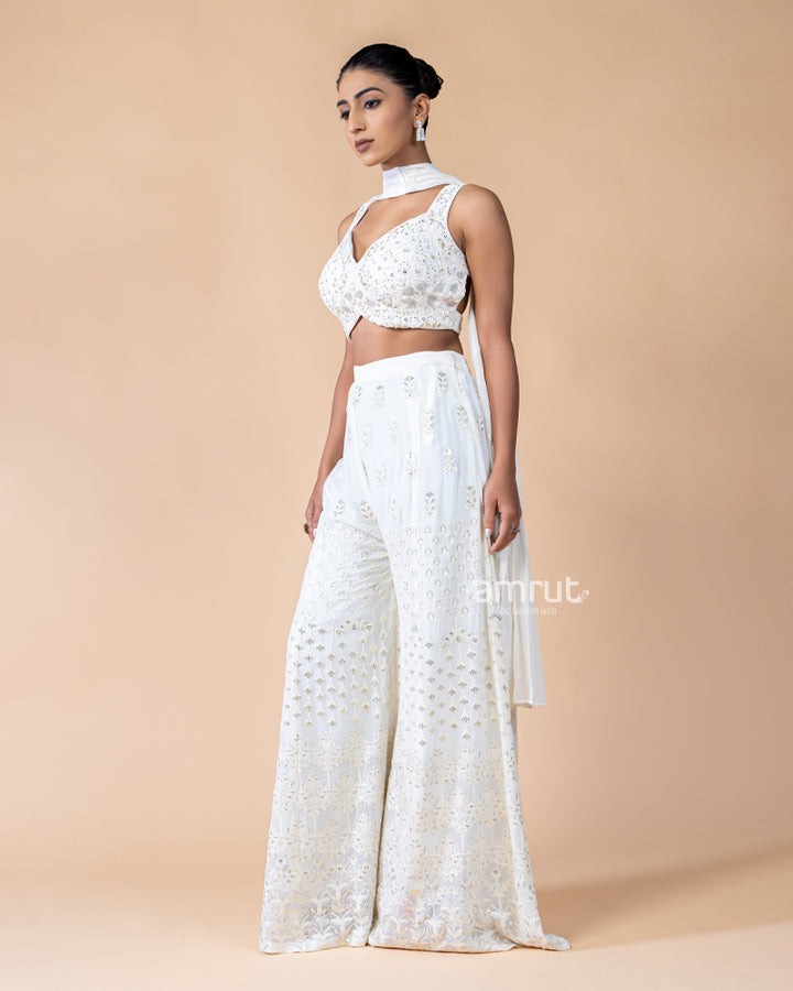 White Palazzo and Crop Top Set with Net Dupatta