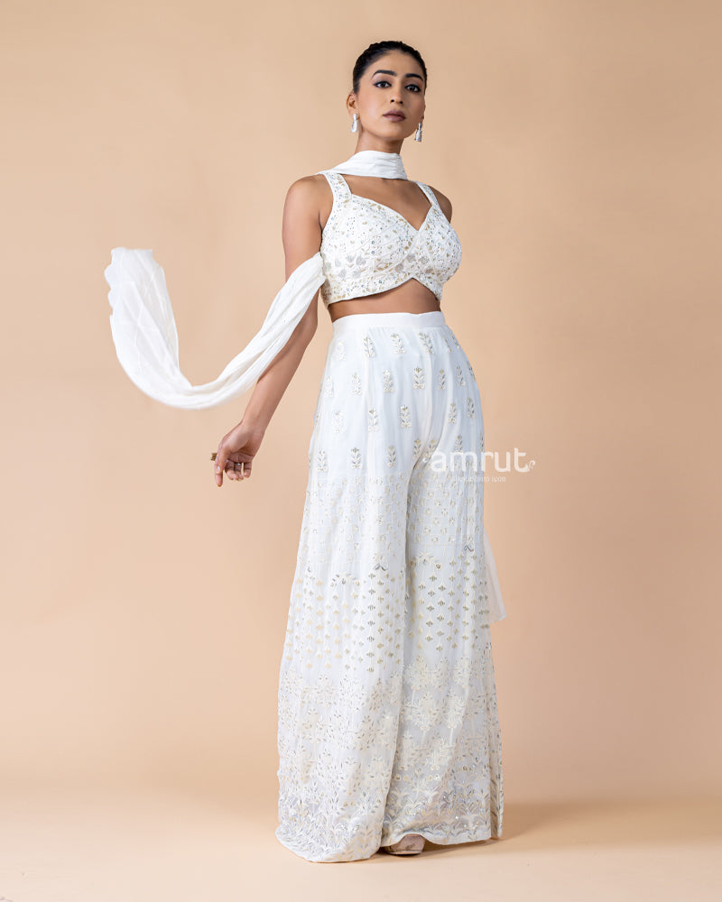 White Palazzo and Crop Top Set with Net Dupatta