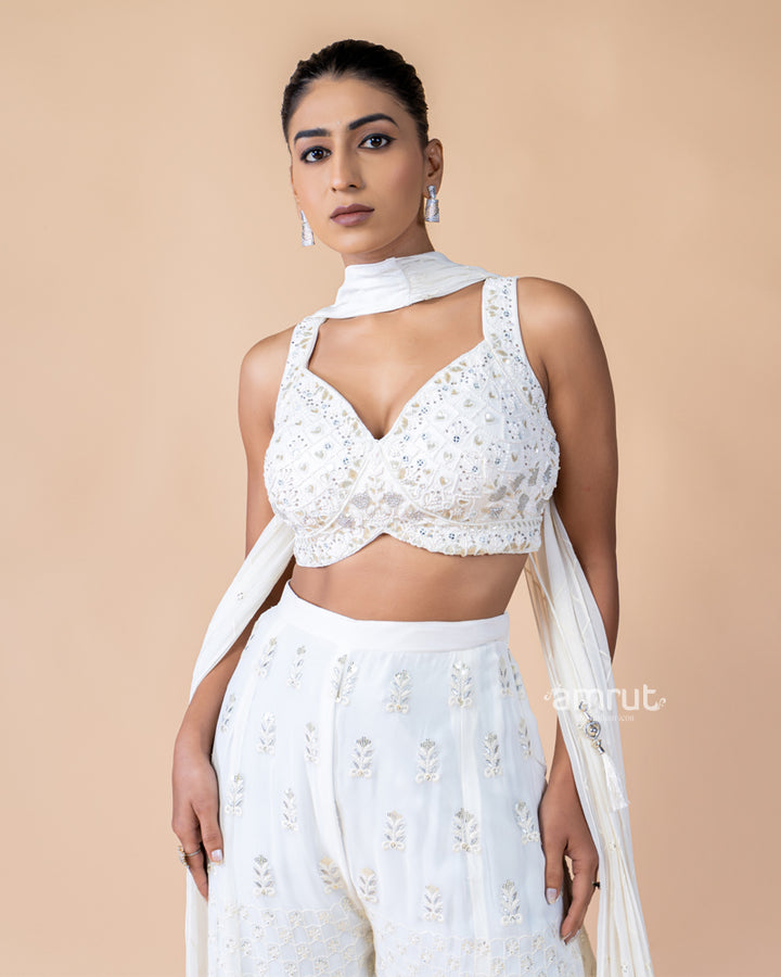 White Palazzo and Crop Top Set with Net Dupatta