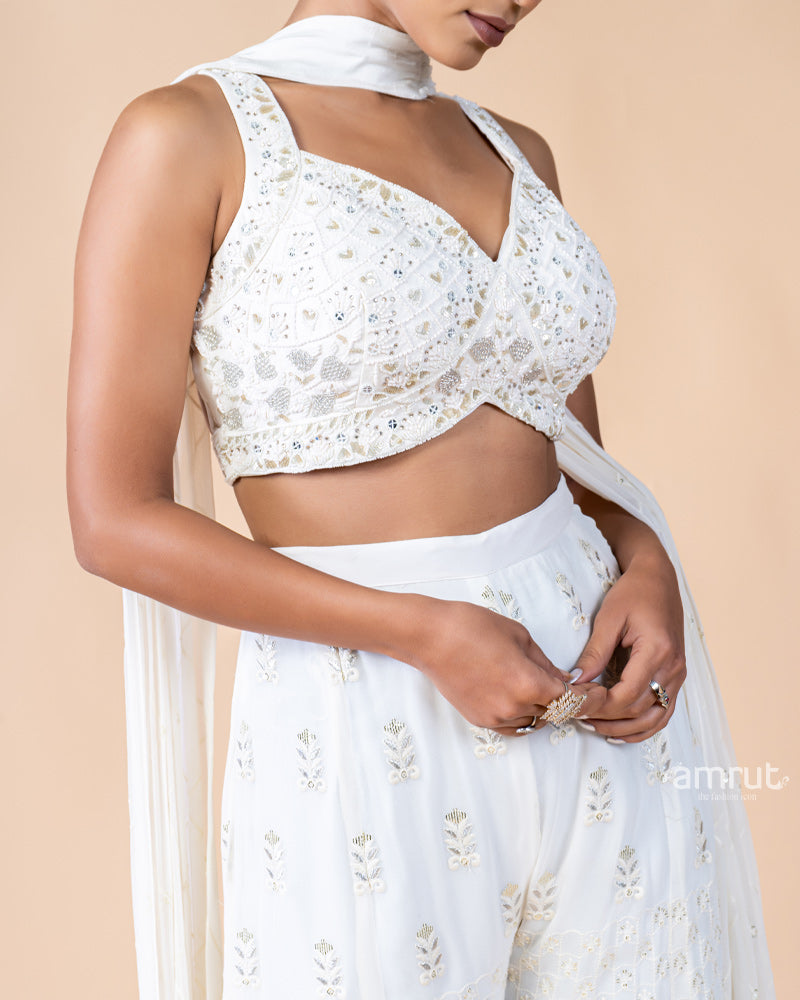 White Palazzo and Crop Top Set with Net Dupatta